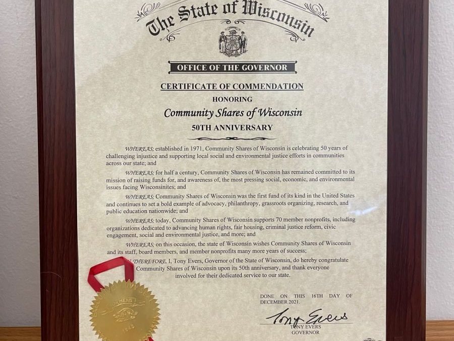 Commendation from the Office of Governor Tony Evers
